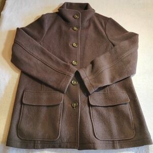 LL Bean Womens Brown 100% Wool Button Front Funnel Neck Barn Coat Jacket Large